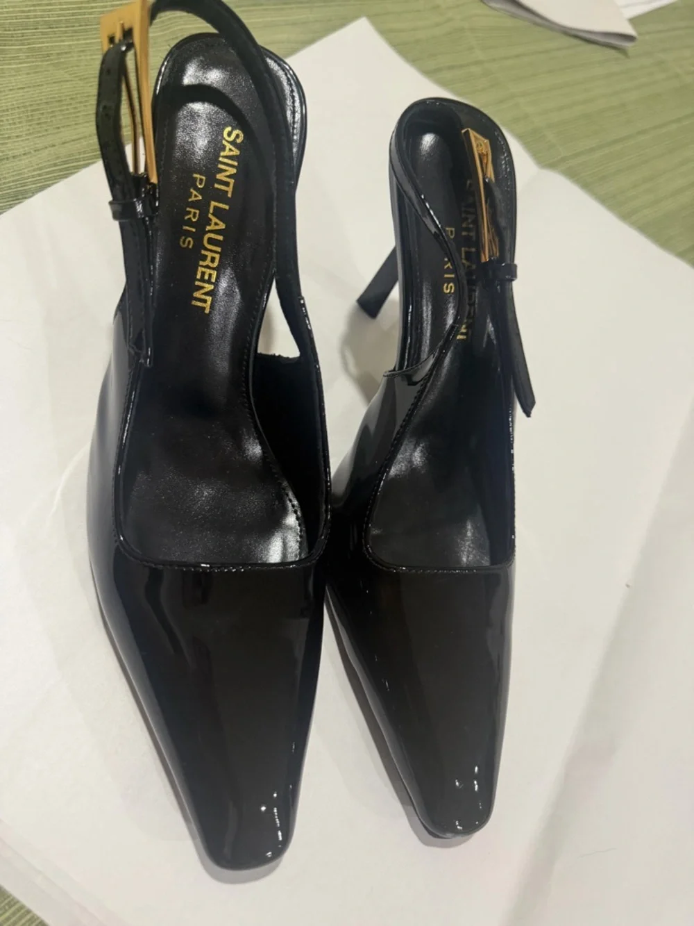 Saint Laurent Black Patent Slingback Pumps with Gold Buckle - Picture 10 of 12